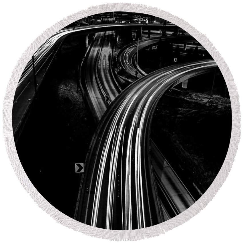 Long Round Beach Towel featuring the photograph Roads at Night Black and White by Pelo Blanco Photo