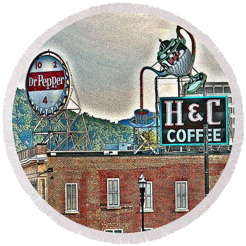 Roanoke Va Virginia Round Beach Towel featuring the photograph Roanoke VA Virginia - Dr Pepper and H C Coffee Vintage Signs by Dave Lynch