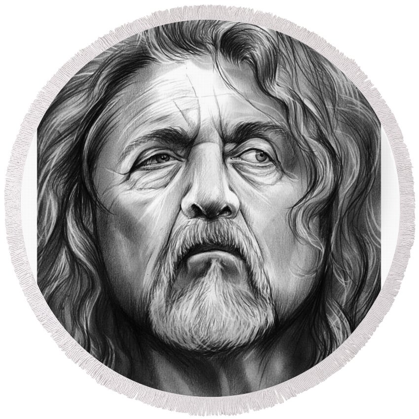 Robert Plant Round Beach Towel featuring the drawing Robert Plant by Greg Joens