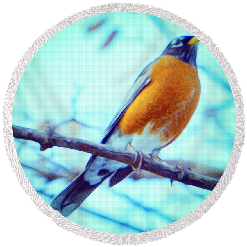 Robin Round Beach Towel featuring the photograph Robin Red Breast in Winter - Impressionism by Jason Fink
