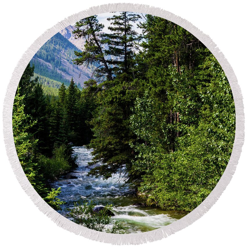 Rock Creek Round Beach Towel featuring the photograph Rock Creek and the Beartooth Mountains by TL Mair