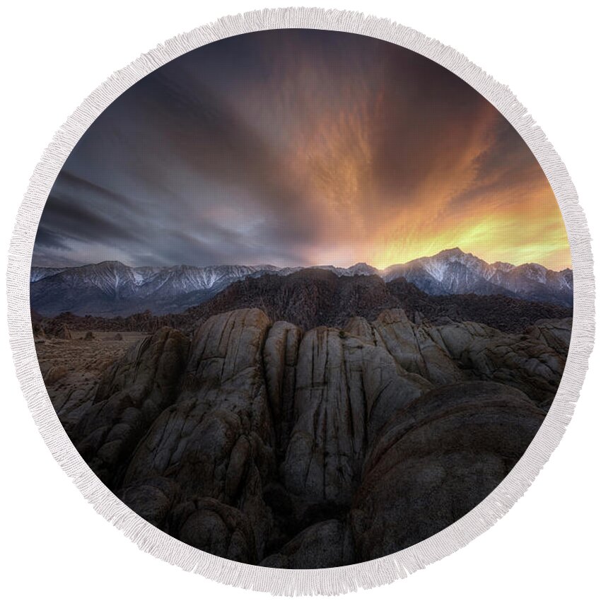 Alabama Hills Round Beach Towel featuring the photograph Rock Eruption by Nicki Frates
