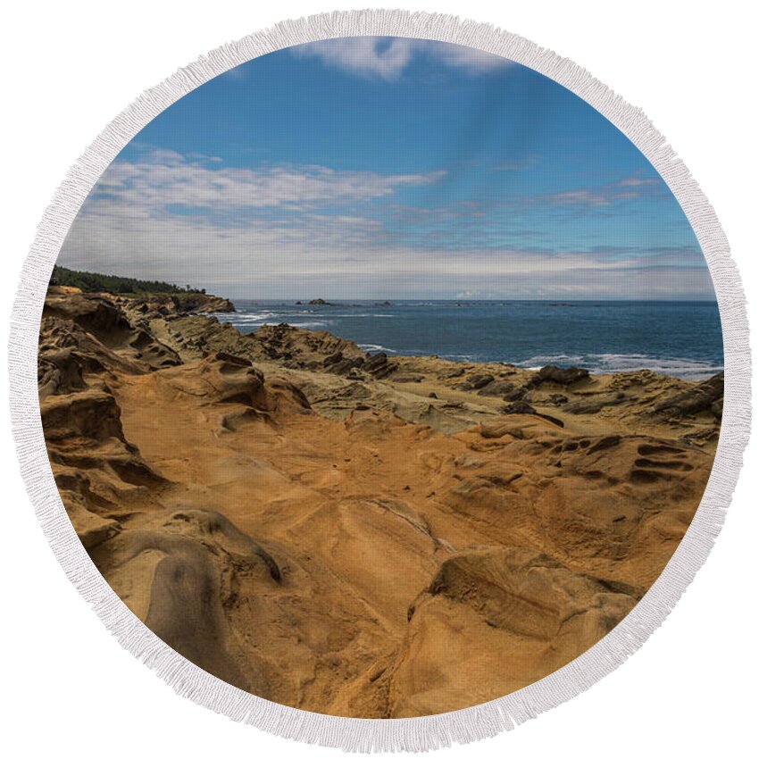 Brenda Jacobs Fine Art Round Beach Towel featuring the photograph Rock Formations at Shore Acres on the Oregon Coast by Brenda Jacobs