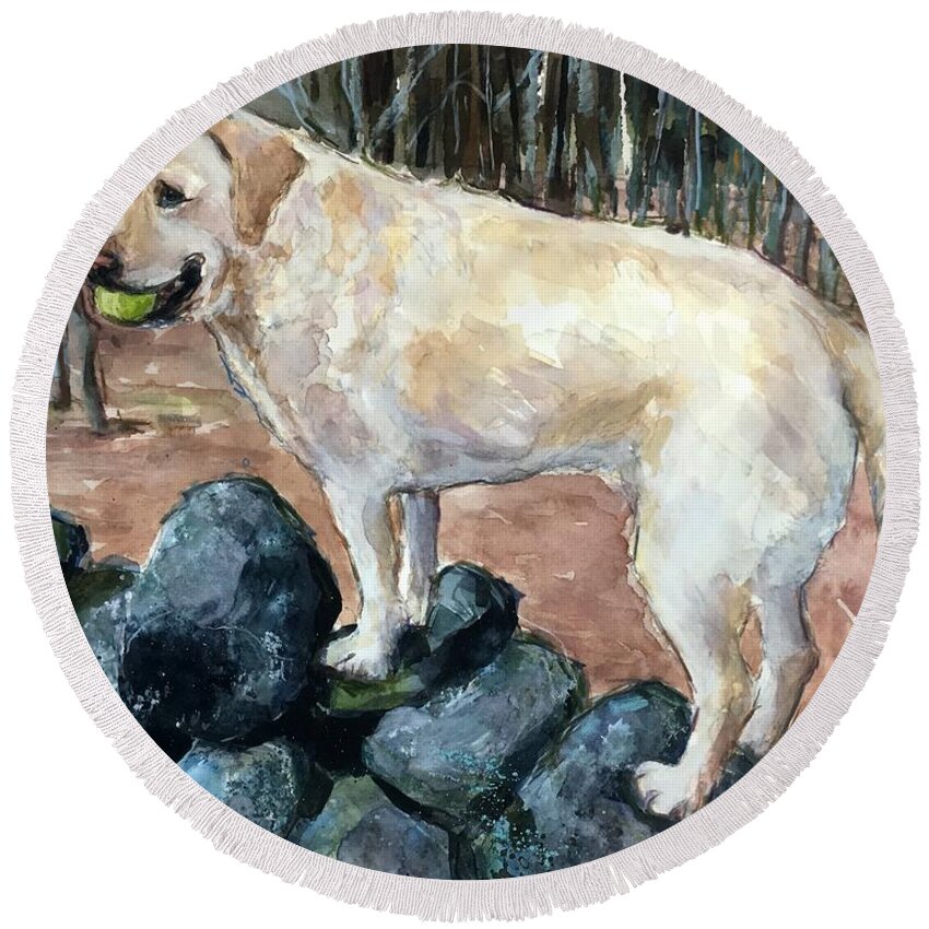 Yelllow Labrador Retriever Round Beach Towel featuring the painting Rock Hopper by Molly Poole