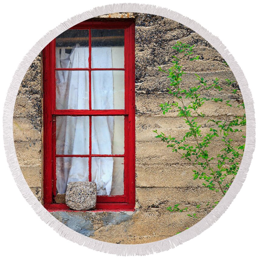 Window Round Beach Towel featuring the photograph Rock On A Red Window by James Eddy