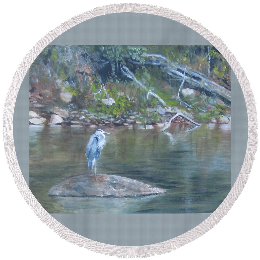 Blue Heron Round Beach Towel featuring the painting Rock Star by Paula Pagliughi