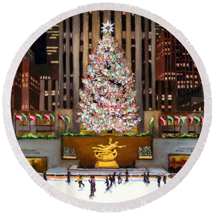 Christine Hopkins Round Beach Towel featuring the painting Rockefeller Center - New York City by Christine Hopkins