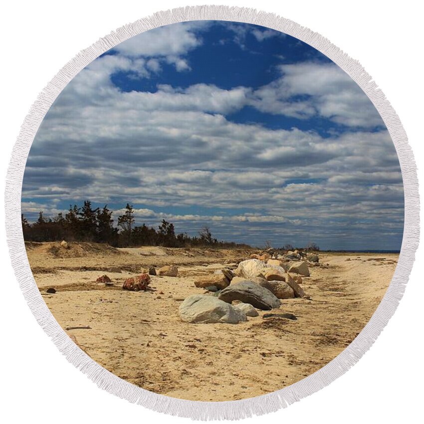 Long Island Round Beach Towel featuring the photograph Clouds and Rocks by Karen Silvestri
