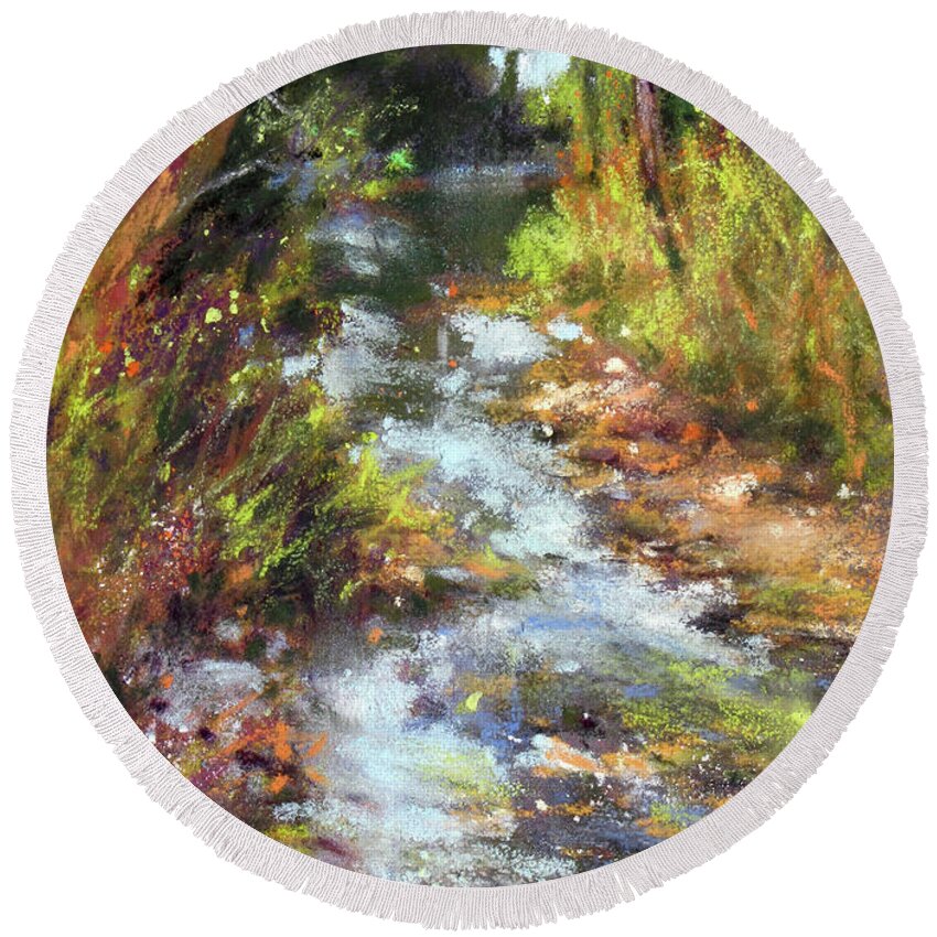 Landscape Round Beach Towel featuring the painting Rocky Creekbed by Rae Andrews