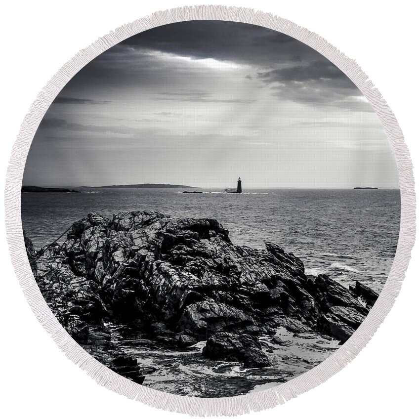 Maine Round Beach Towel featuring the photograph Rocky Maine Coastline Black and White by Debra Forand