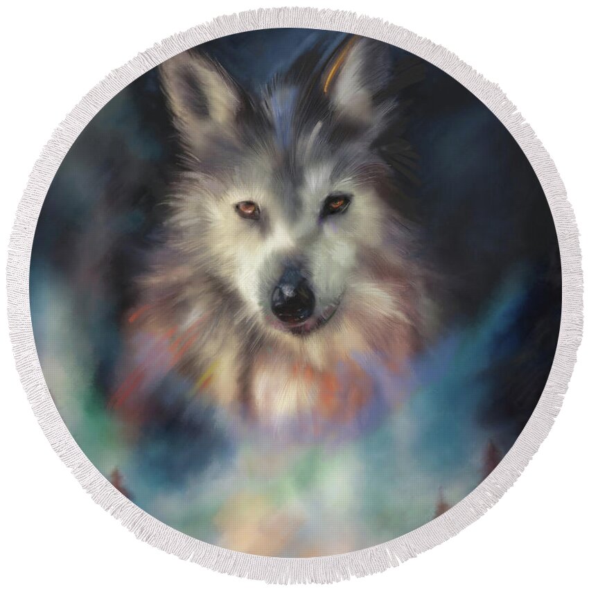 Wolf Round Beach Towel featuring the mixed media Rocky Mountain Wolf Series by Mark Tonelli
