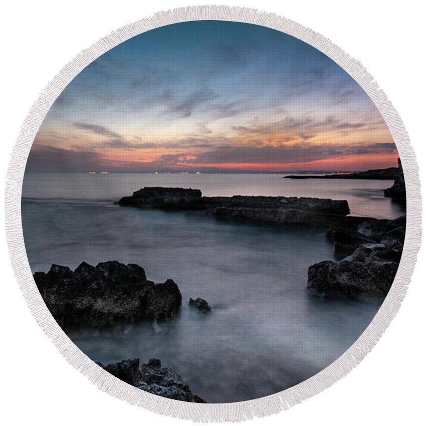 Michalakis Ppalis Round Beach Towel featuring the photograph Rocky Coastline and Beautiful Sunset by Michalakis Ppalis