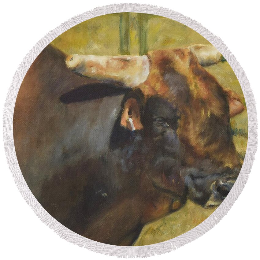 Stock Round Beach Towel featuring the painting Rodeo Bull 1 by Lori Brackett