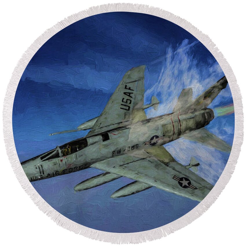 North American F-100 Super Sabre Round Beach Towel featuring the digital art Rolling Thunder F-100 Super Sabre by Tommy Anderson