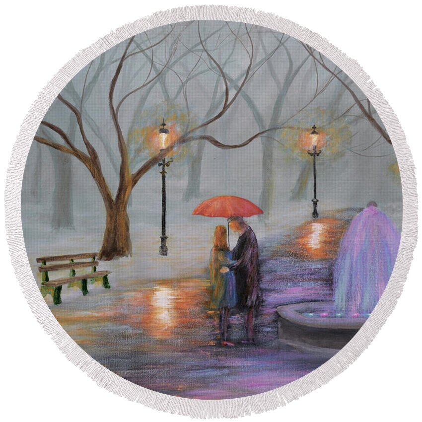 Snow Round Beach Towel featuring the painting Romance In The Park by Ken Figurski