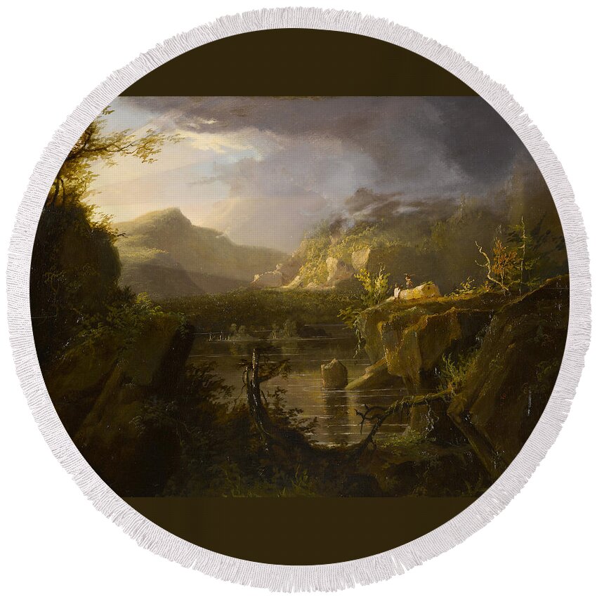 Thomas Cole Round Beach Towel featuring the painting Romantic Landscape by MotionAge Designs