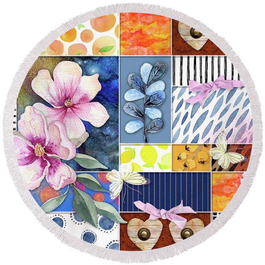 Romantic Round Beach Towel featuring the digital art Romantic Floral Collage by Linda Carruth