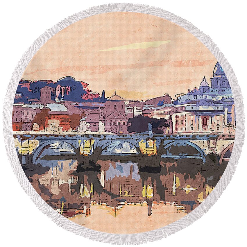 Rome Cityscape Round Beach Towel featuring the painting Rome and the Vatican City - 05 by AM FineArtPrints