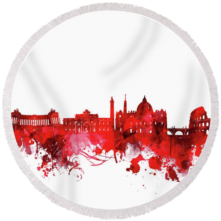 Rome Round Beach Towel featuring the digital art Rome City Skyline Wateroclor Red by Bekim M