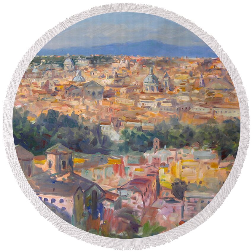 Rome Round Beach Towel featuring the painting Rome View from Gianicolo by Ylli Haruni