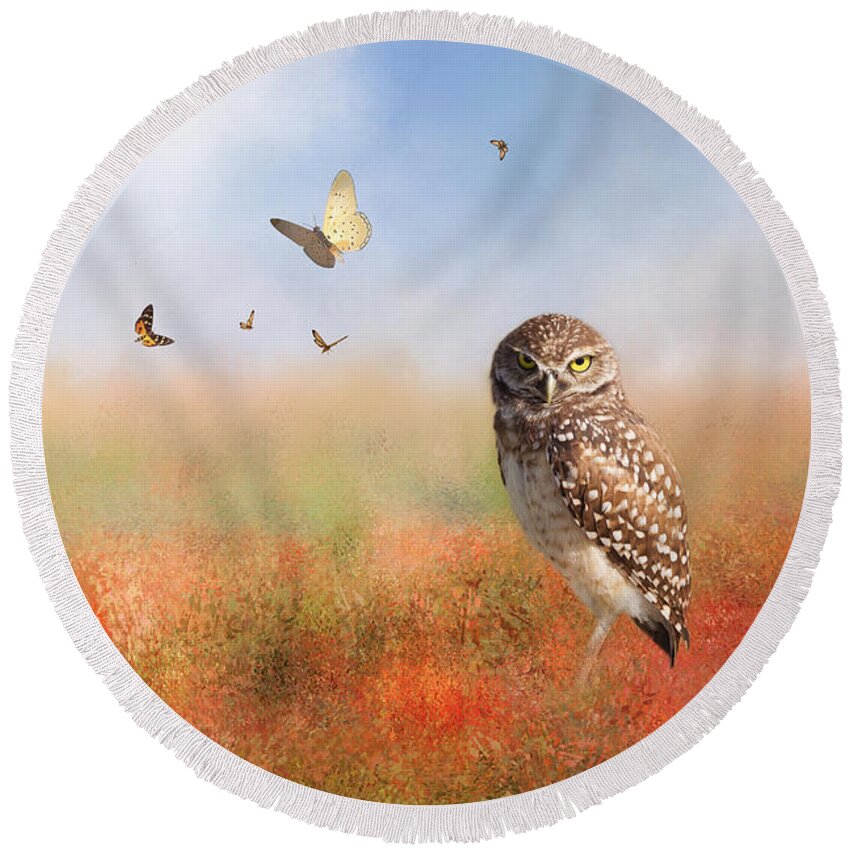 Owl Round Beach Towel featuring the photograph Romping In The Poppy Field by Kim Hojnacki