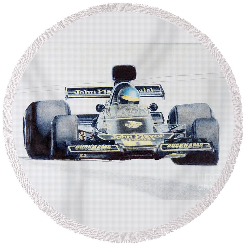 Formula 1 Round Beach Towel featuring the drawing Ronnie Peterson - Lotus 76 by Lorenzo Benetton
