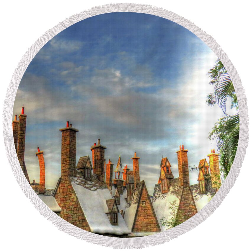 Hogsmeade Round Beach Towel featuring the photograph rooftops Hogsmeade by Tom Prendergast
