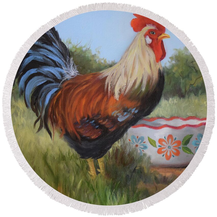 Rooster Painting Round Beach Towel featuring the painting Rooster And Bowl I by Cheri Wollenberg