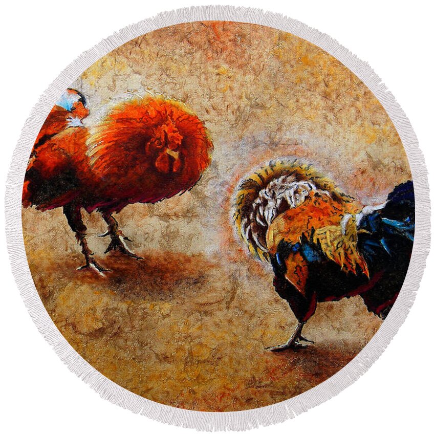 Roosters Paintings Round Beach Towel featuring the painting R O O S T E R S . S C E N E by J U A N - O A X A C A