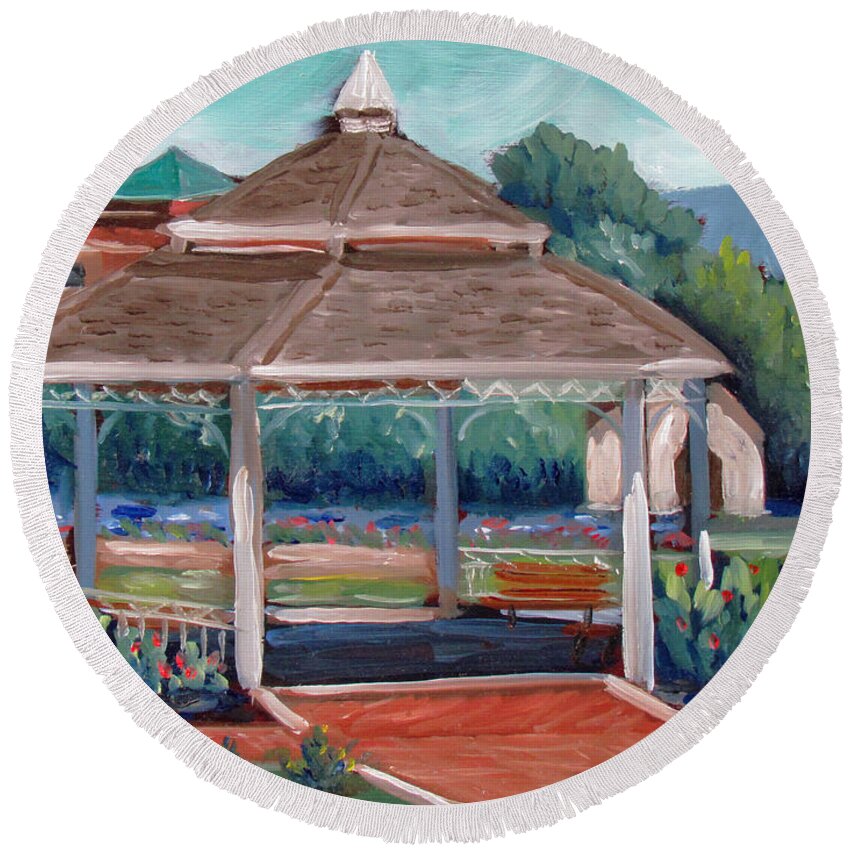Boise Round Beach Towel featuring the painting Rose Garden Gazebo by Kevin Hughes