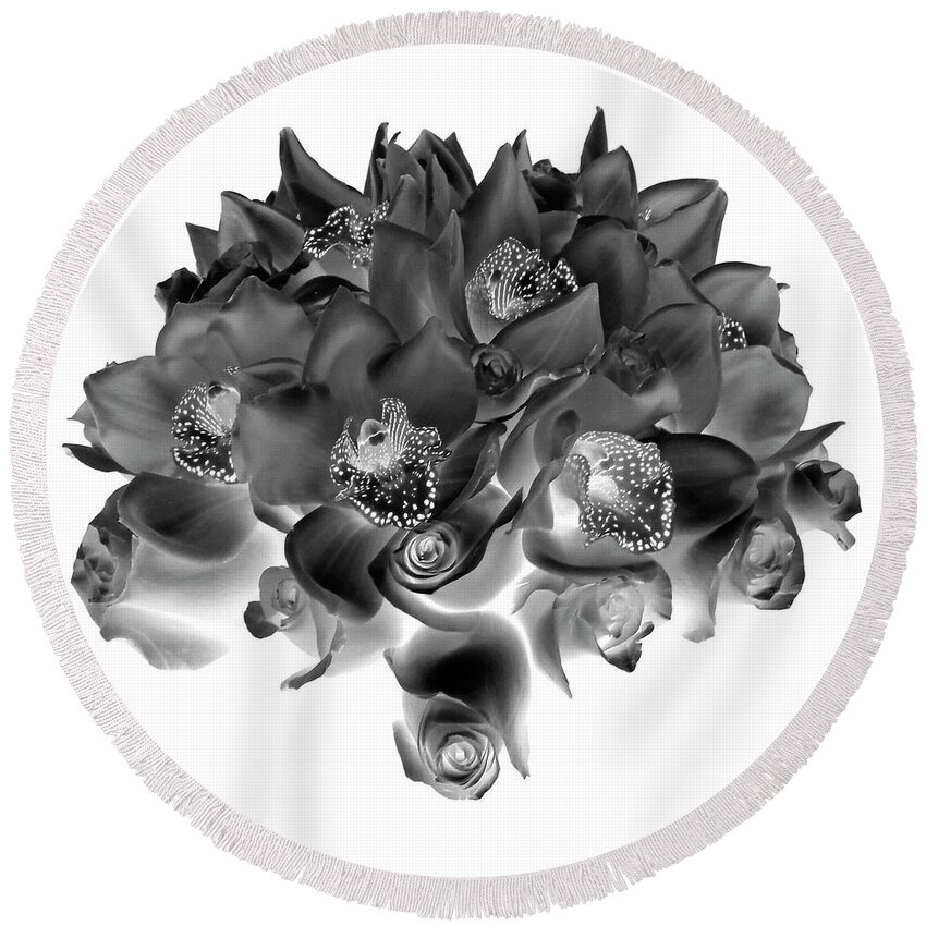 Flowers Round Beach Towel featuring the photograph Roses and Orhids I Black and White by Lily Malor