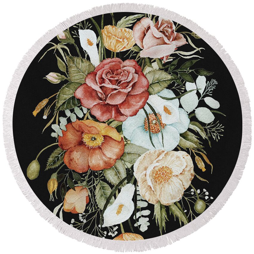 Florals Round Beach Towel featuring the painting Roses and Poppies Bouquet by Shealeen Louise