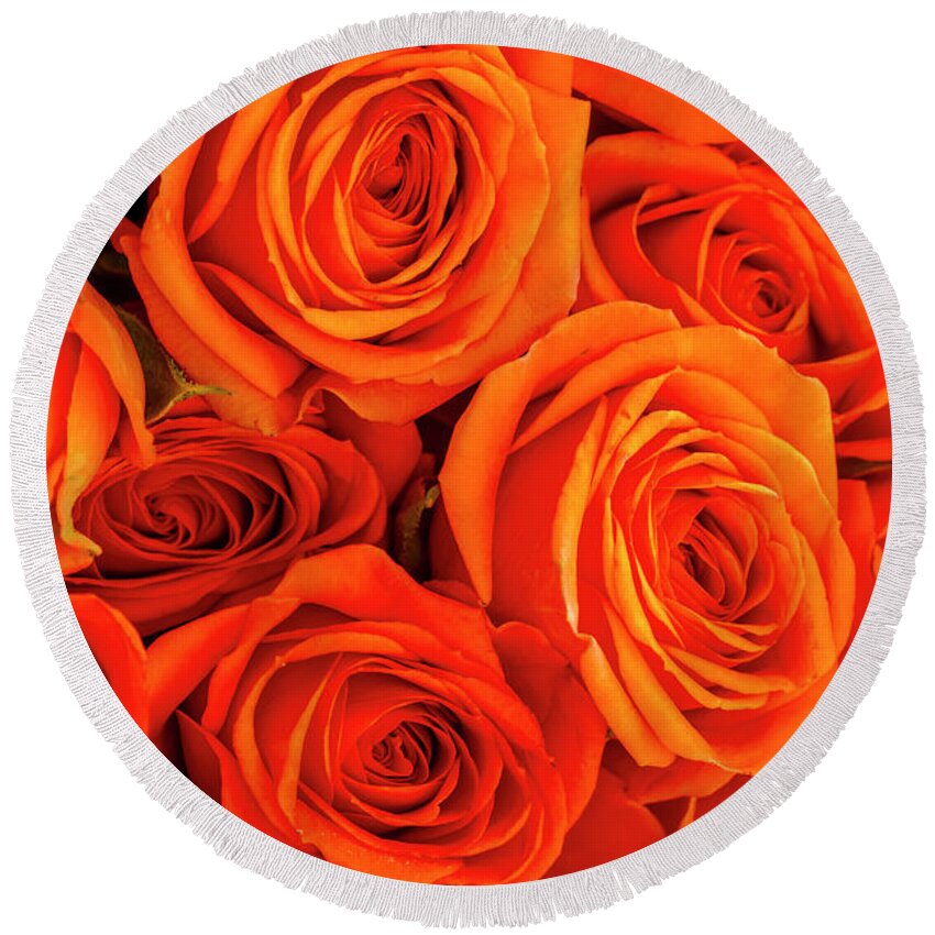 Valentine Round Beach Towel featuring the photograph Roses in Orange by Teri Virbickis