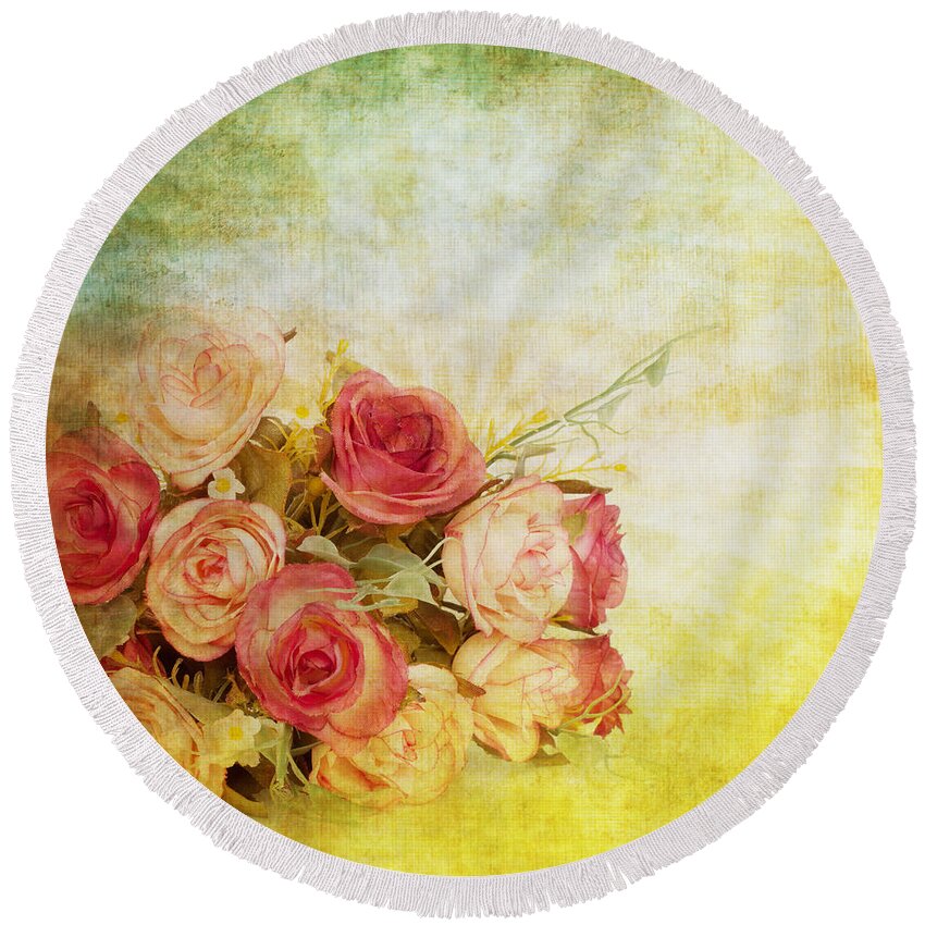 Abstract Round Beach Towel featuring the painting Roses Pattern Retro Design by Setsiri Silapasuwanchai