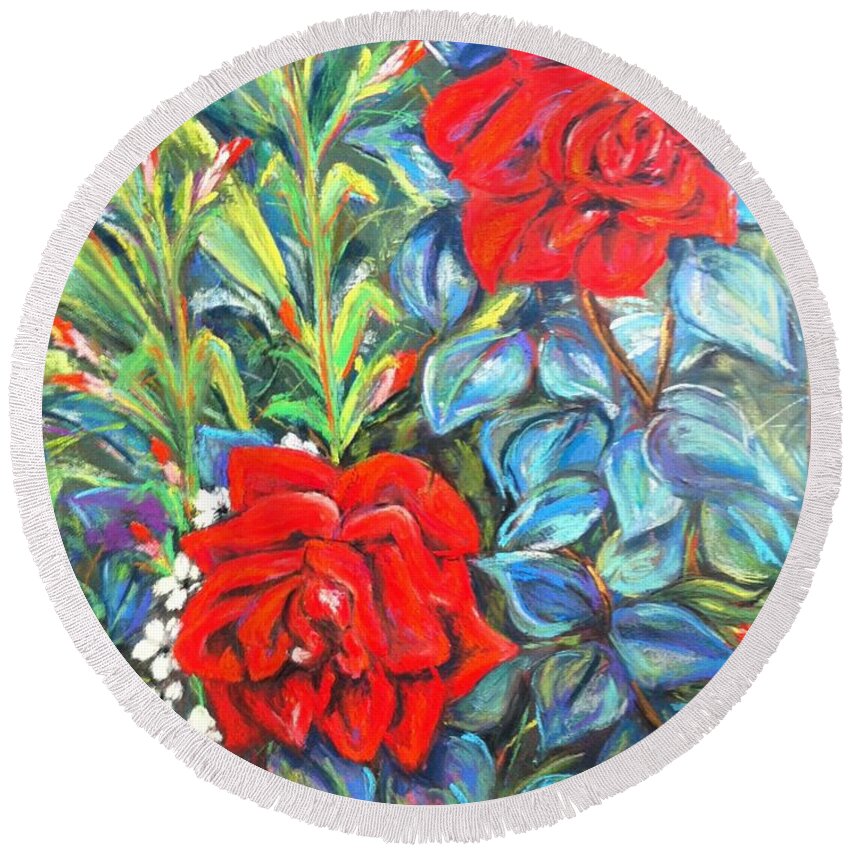 Floral. Roses Round Beach Towel featuring the painting Roses With Baby Breath by Beverly Boulet