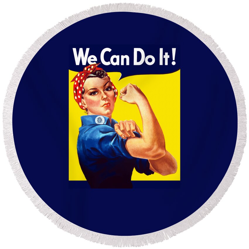 Rosie The Riveter Round Beach Towel featuring the painting Rosie The Rivetor by War Is Hell Store