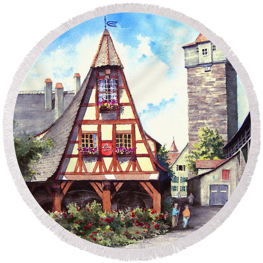 Germany Round Beach Towel featuring the painting Rothenburg Memories by Sam Sidders