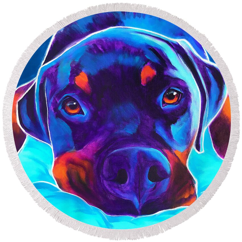 Pet Portrait Round Beach Towel featuring the painting Rottweiler - Dexter by Dawg Painter