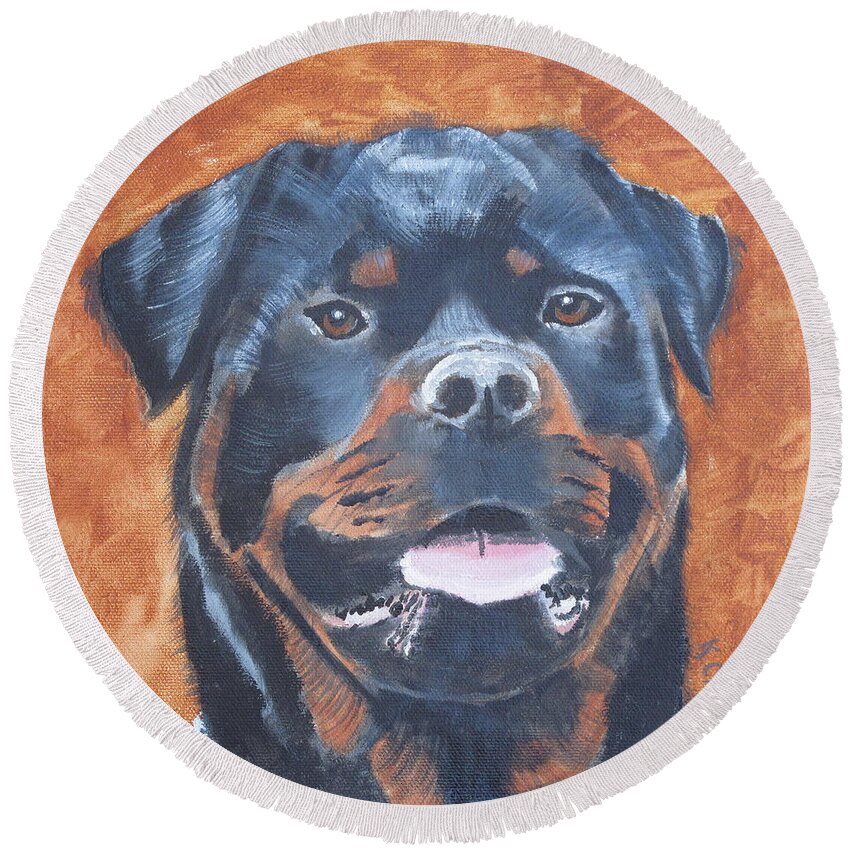 Pets Round Beach Towel featuring the painting Rottweiler by Kathie Camara