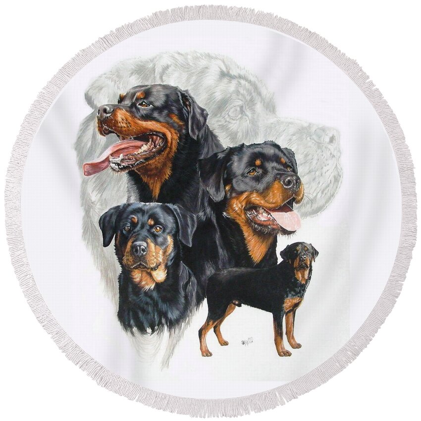 Rottweiler Round Beach Towel featuring the mixed media Rottweiler Medley by Barbara Keith