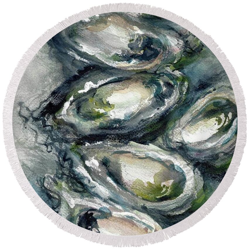 Louisiana Seafood Round Beach Towel featuring the painting RoughOysters6 by Francelle Theriot