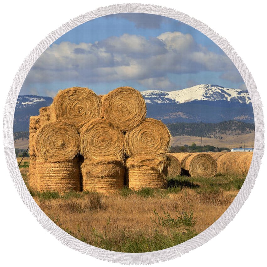 Hay Bales Round Beach Towel featuring the photograph Round Hay Bales and Mountain by Kae Cheatham