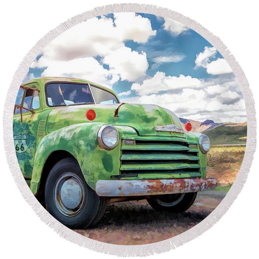 Route 66 Round Beach Towel featuring the painting Route 66 Chevy Truck by Christopher Arndt