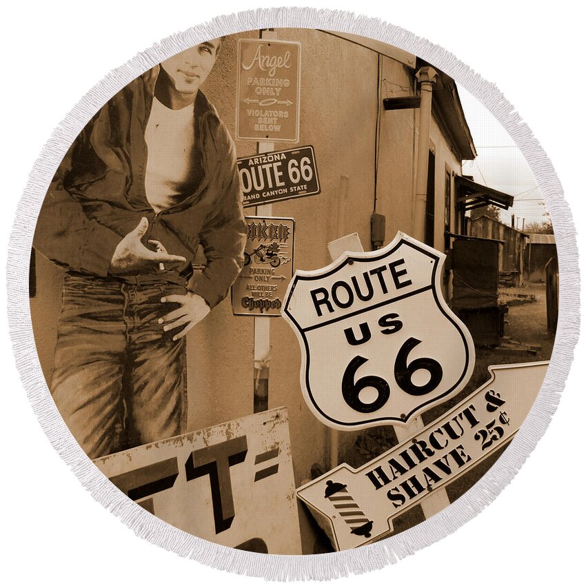 Route 66 Round Beach Towel featuring the photograph Route 66 - Signs by Mike McGlothlen