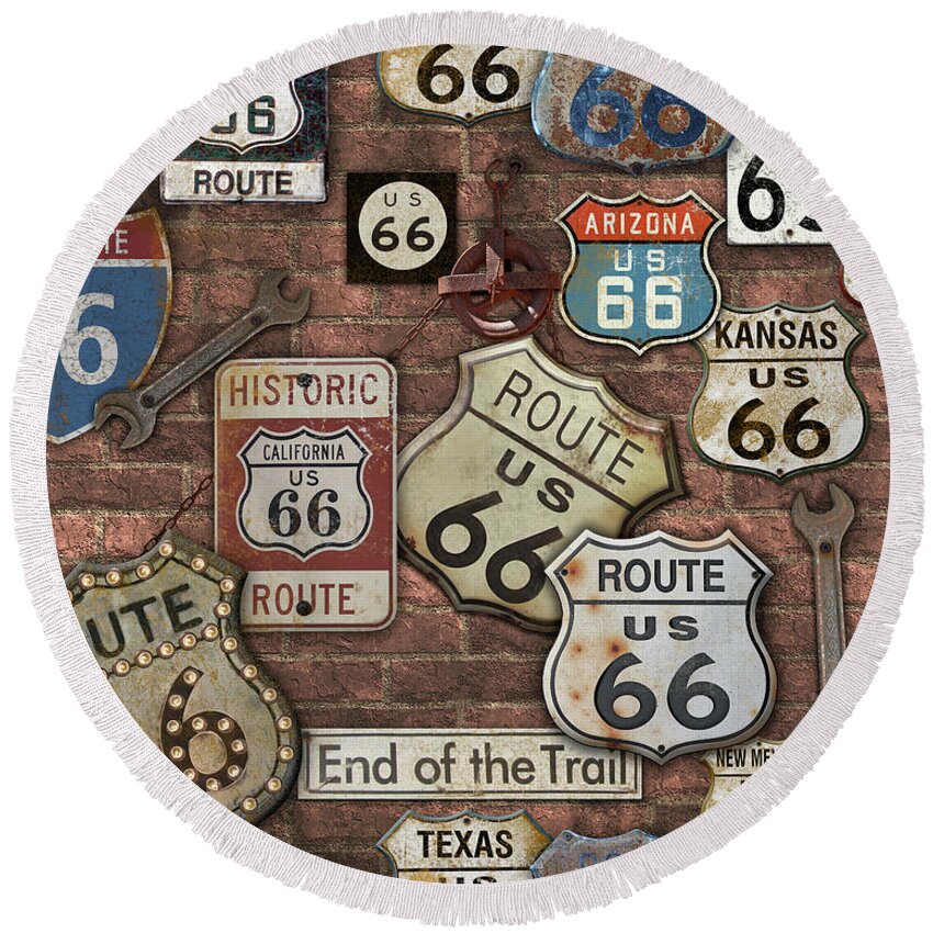 Route 66 Round Beach Towel featuring the painting Route 66-JP3955 by Jean Plout