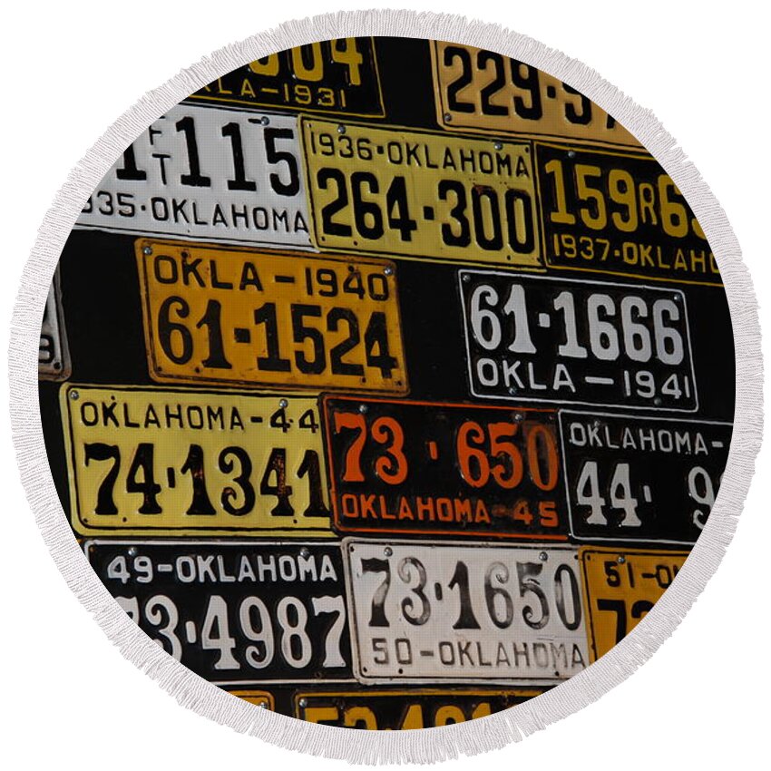 Route 66 Round Beach Towel featuring the photograph Route 66 Oklahoma Car Tags by Susanne Van Hulst