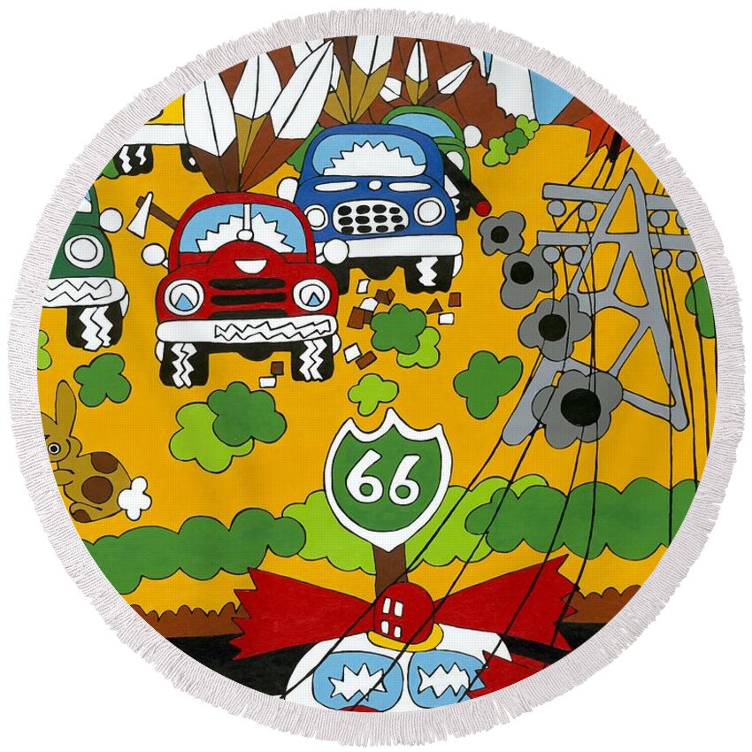 Desert Round Beach Towel featuring the painting Route 66 by Rojax Art
