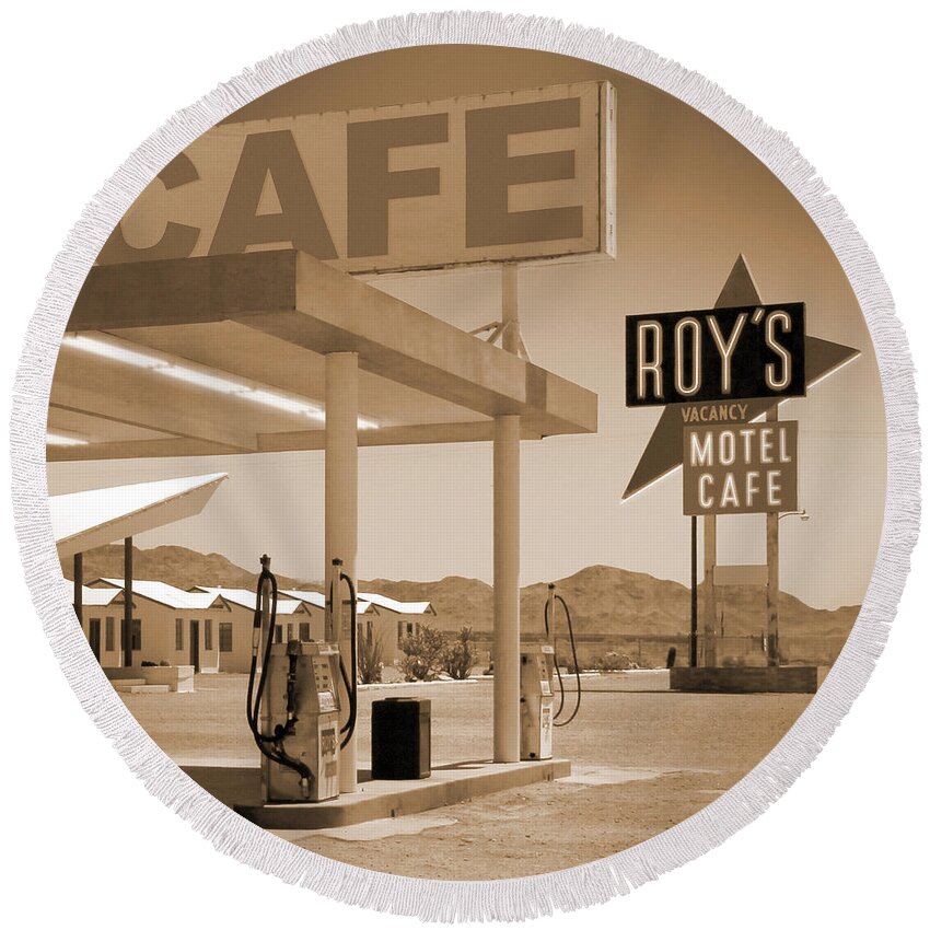 Roy's Motel Round Beach Towel featuring the photograph Route 66 - Roy's Motel by Mike McGlothlen