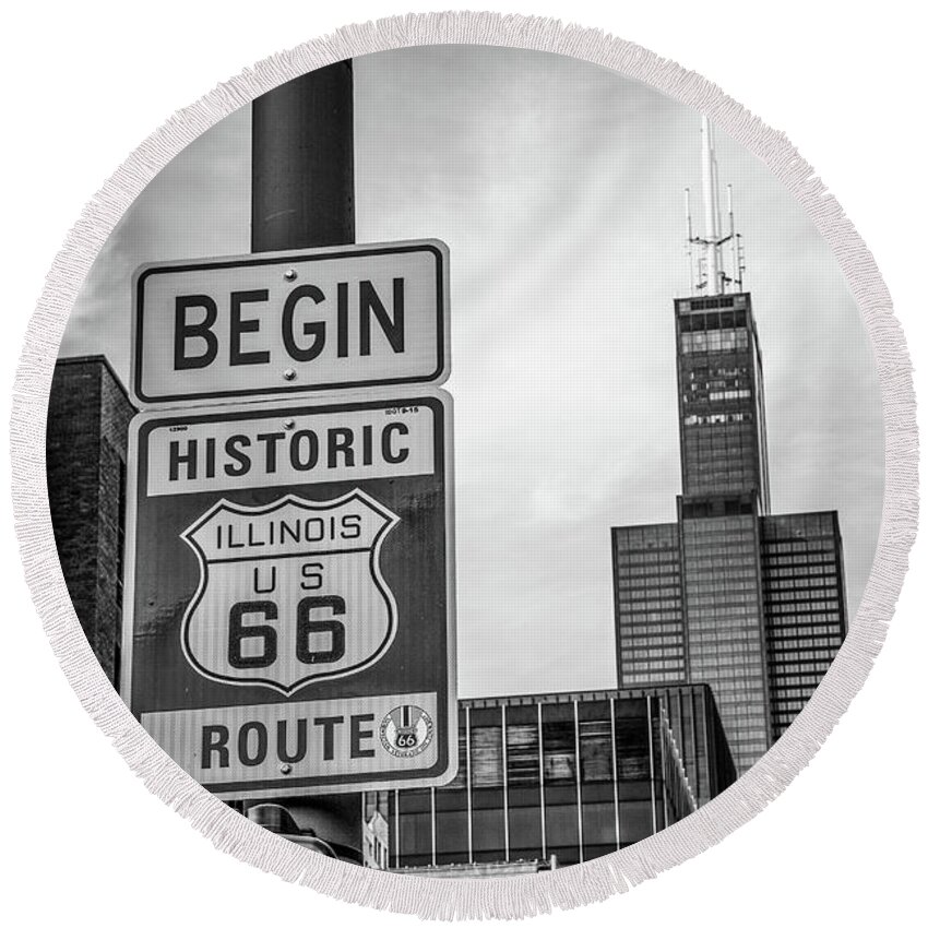 Chicago Round Beach Towel featuring the photograph Route 66 Sign Chicago by Mike Burgquist
