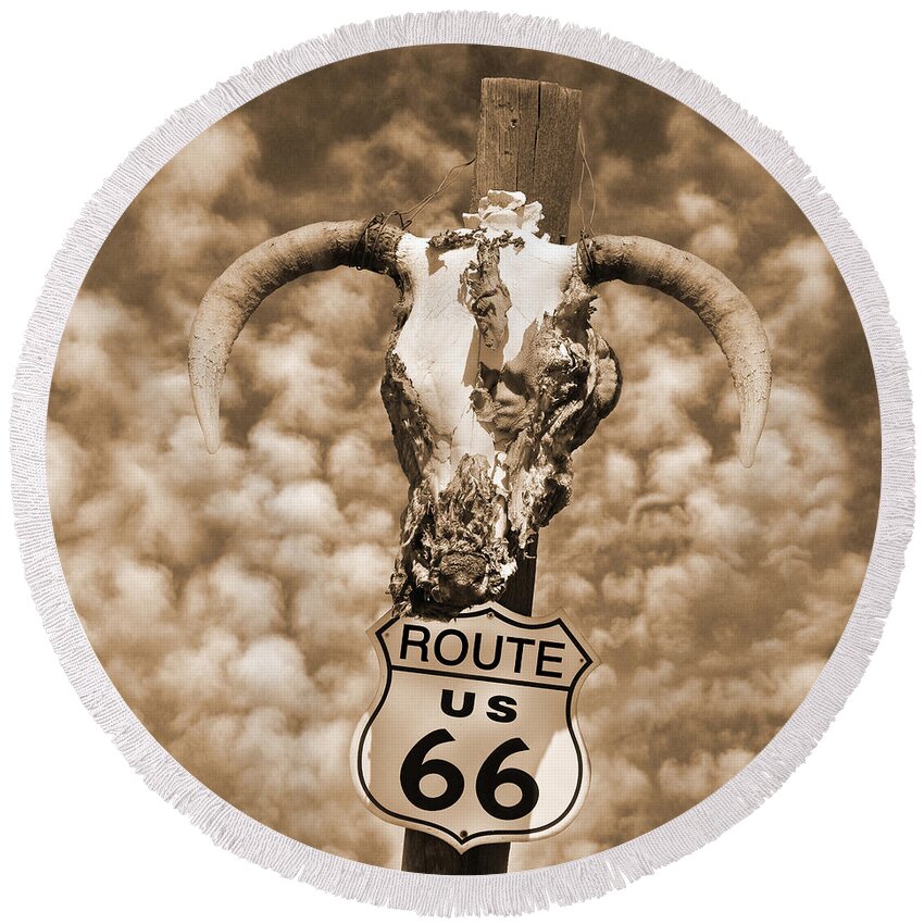 Americana Round Beach Towel featuring the photograph Route 66 Sign by Mike McGlothlen